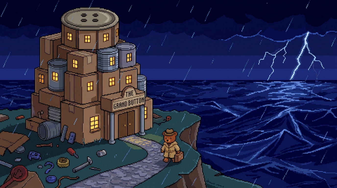The Grand Button hotel on a cliff in a storm